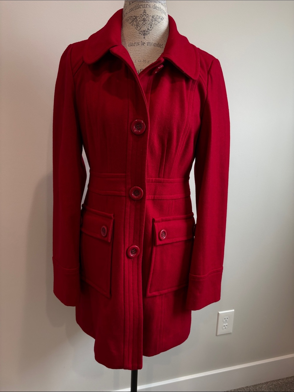 Tulle Red Wool Blend Pea Coat with Button Front
